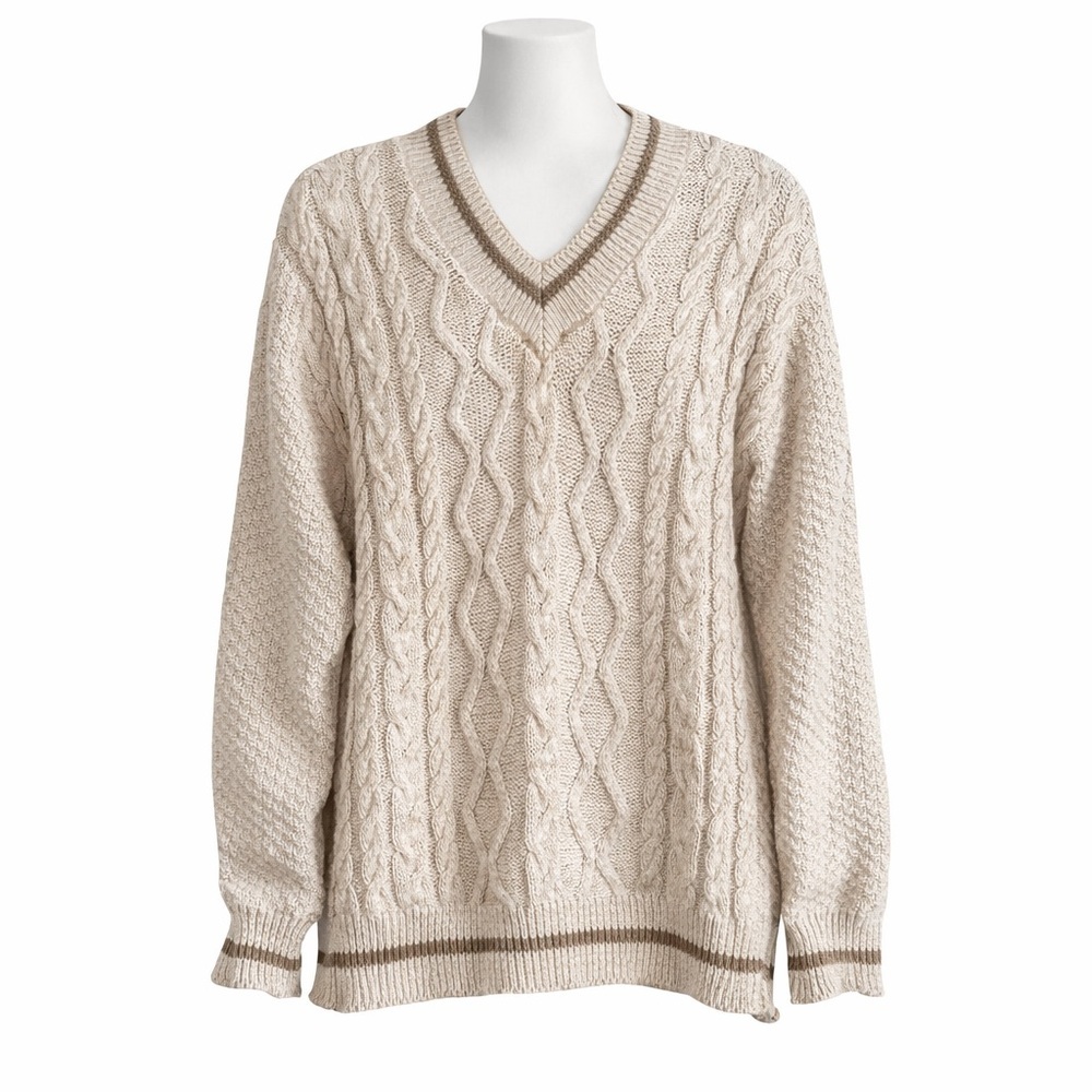 Size XL American Creations Women Vintage Cable Knit Sweater Cotton V Neck Cream